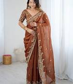 coffee color fendy chiffon fabric designer embroidered saree for ceremonial looks