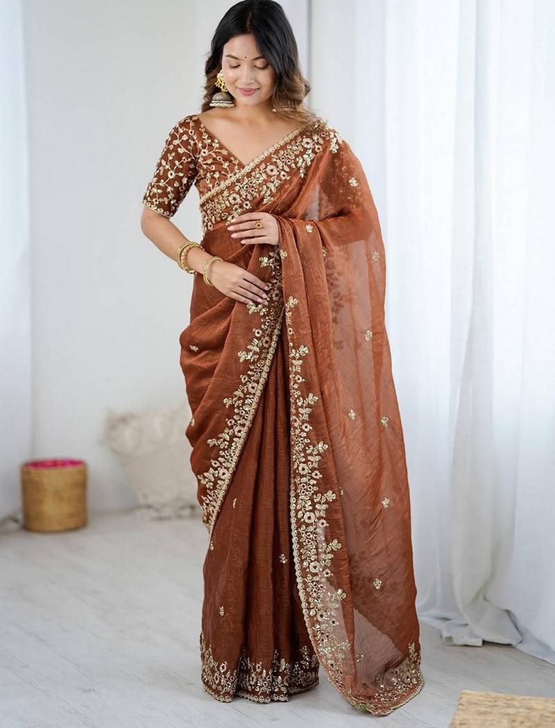 coffee color fendy chiffon fabric designer embroidered saree for ceremonial looks