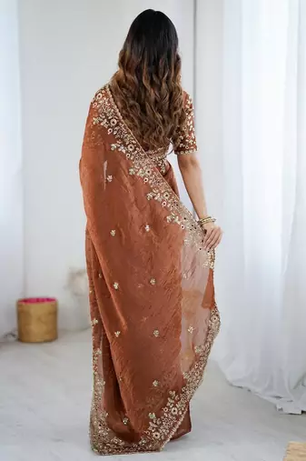 coffee chiffon embroidered saree ceremonial looks
