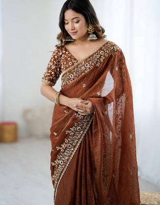 coffee chiffon embroidered saree ceremonial looks 3
