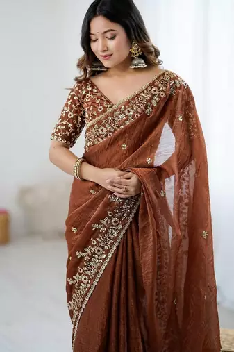 coffee chiffon embroidered saree ceremonial looks