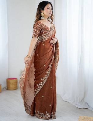 coffee chiffon embroidered saree ceremonial looks 4