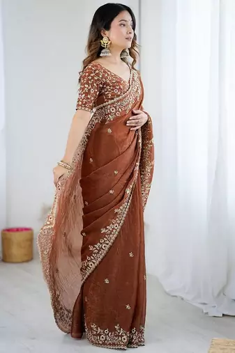 coffee chiffon embroidered saree ceremonial looks