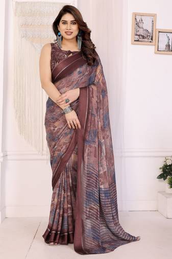 brown color moss satin patta fabric designer printed saree