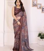 brown color moss satin patta fabric designer printed saree
