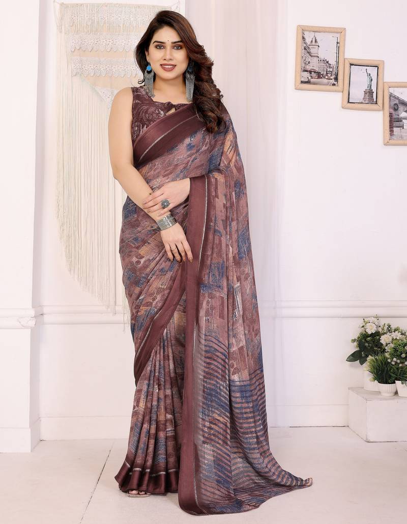 brown color moss satin patta fabric designer printed saree