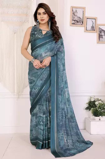 morpich color moss satin patta fabric designer printed saree
