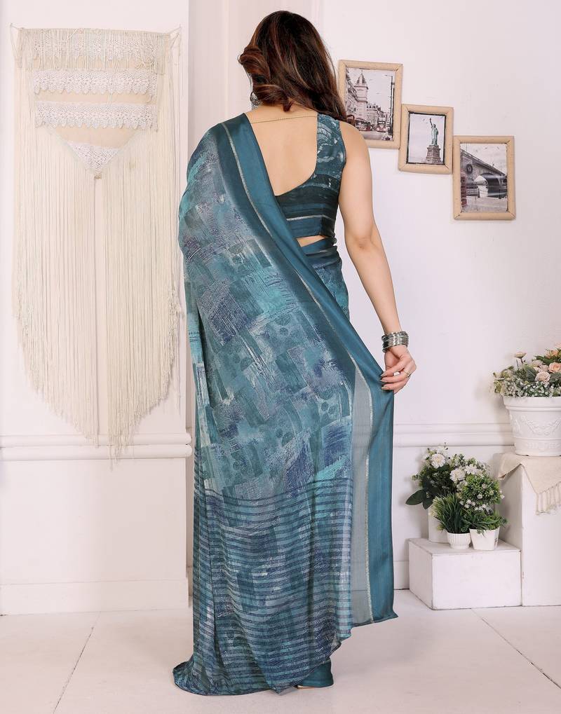 morpich color moss satin patta fabric designer printed saree