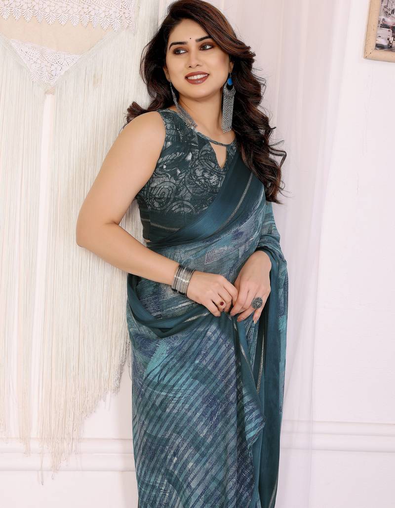 morpich color moss satin patta fabric designer printed saree