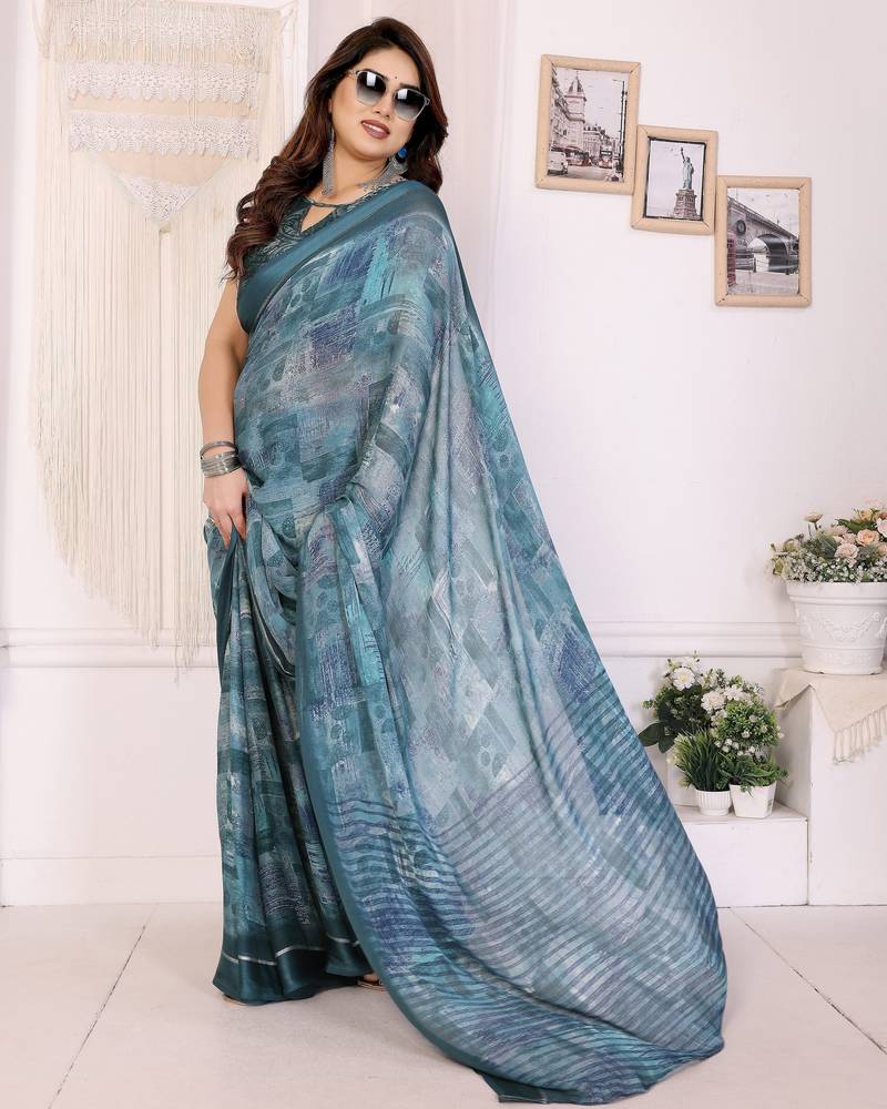 morpich color moss satin patta fabric designer printed saree