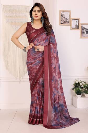 maroon color moss satin patta fabric designer printed saree