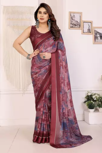 maroon color moss satin patta fabric designer printed saree