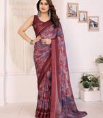 maroon color moss satin patta fabric designer printed saree