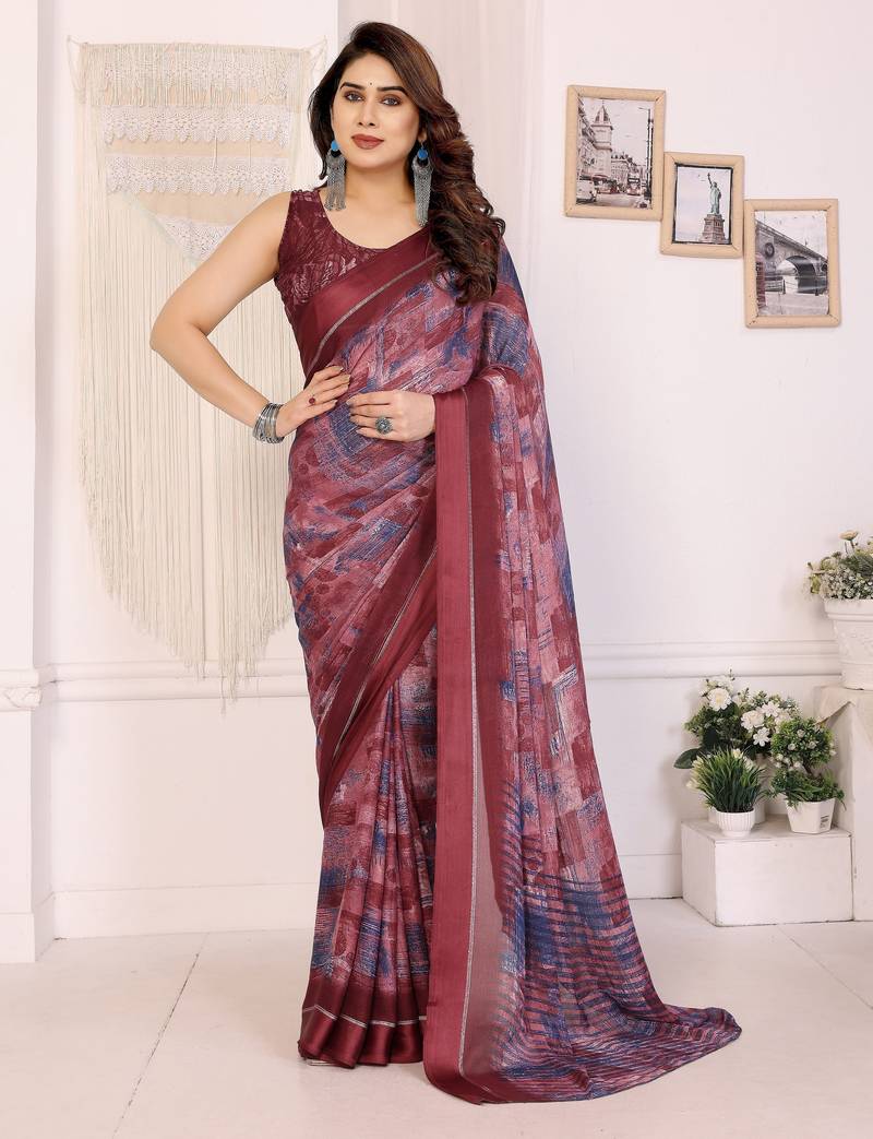 maroon color moss satin patta fabric designer printed saree