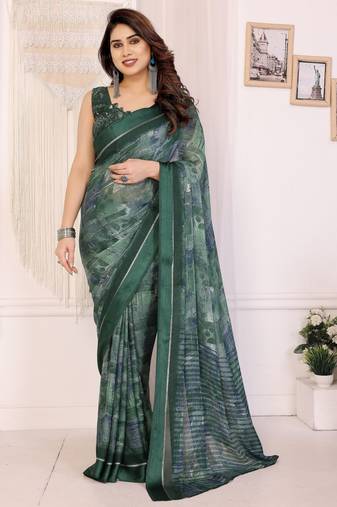 green color moss satin patta fabric designer printed saree