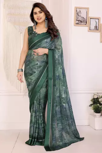 green color moss satin patta fabric designer printed saree