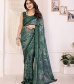 green color moss satin patta fabric designer printed saree