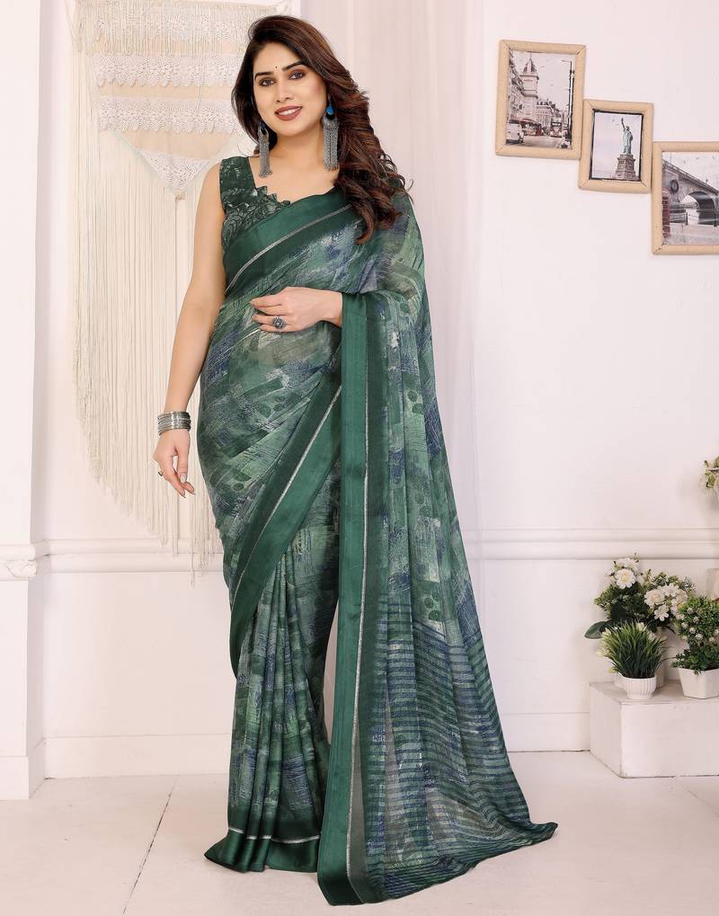 green color moss satin patta fabric designer printed saree