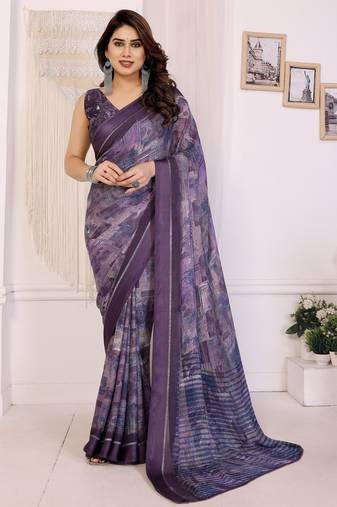 purple color moss satin patta fabric designer printed saree