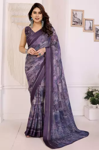 purple color moss satin patta fabric designer printed saree