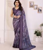 purple color moss satin patta fabric designer printed saree