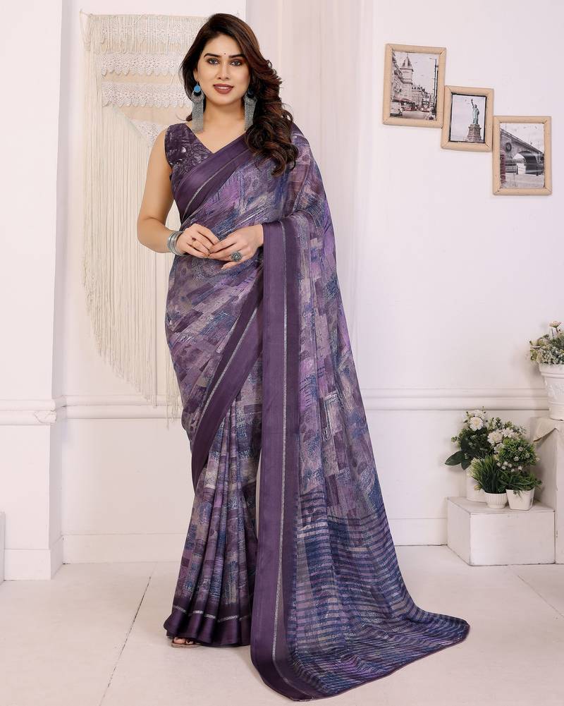 purple color moss satin patta fabric designer printed saree