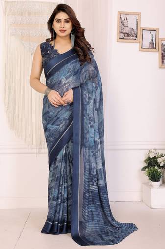 blue color moss satin patta fabric designer printed saree