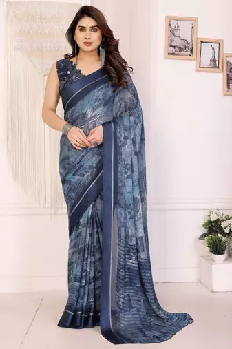 blue color moss satin patta fabric designer printed saree