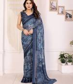 blue color moss satin patta fabric designer printed saree