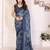 blue color moss satin patta fabric designer printed saree
