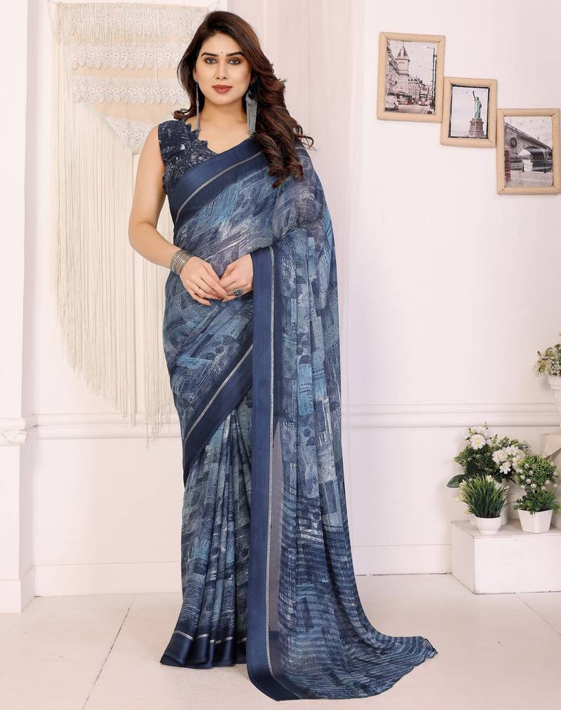 blue color moss satin patta fabric designer printed saree