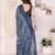 blue color moss satin patta fabric designer printed saree
