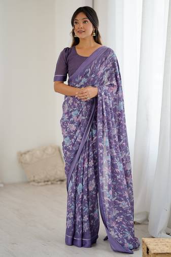 lavender color moss satin patta printed ethnic partywear saree