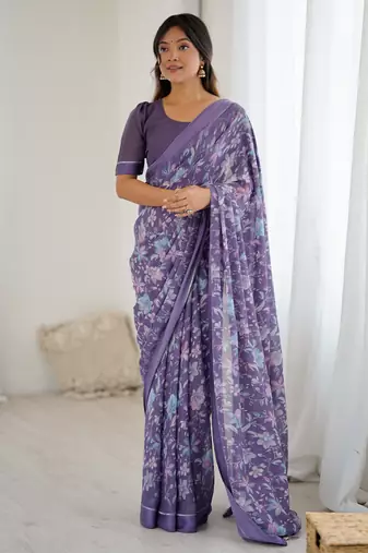 lavender color moss satin patta printed ethnic partywear saree