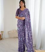 lavender color moss satin patta printed ethnic partywear saree
