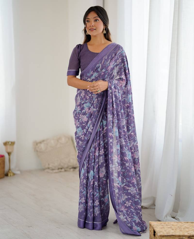 lavender color moss satin patta printed ethnic partywear saree