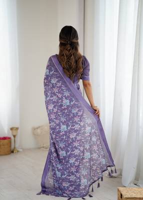 lavender moss satin patta printed ethnic partywear saree 3