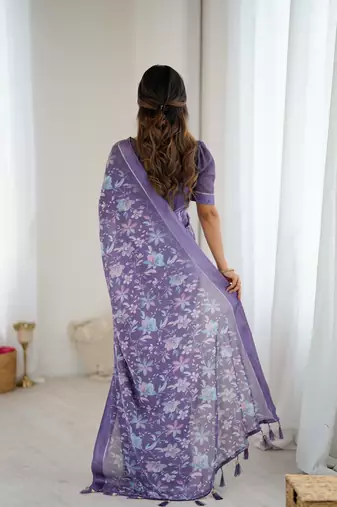 lavender moss satin patta printed ethnic partywear saree