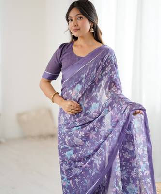 lavender moss satin patta printed ethnic partywear saree 4