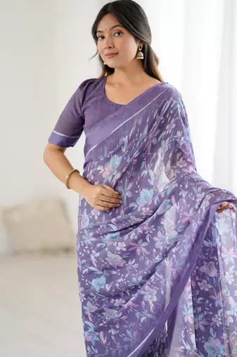 lavender moss satin patta printed ethnic partywear saree