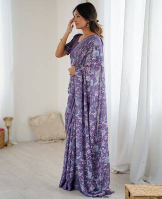 lavender moss satin patta printed ethnic partywear saree 5