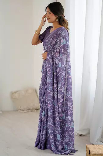 lavender moss satin patta printed ethnic partywear saree