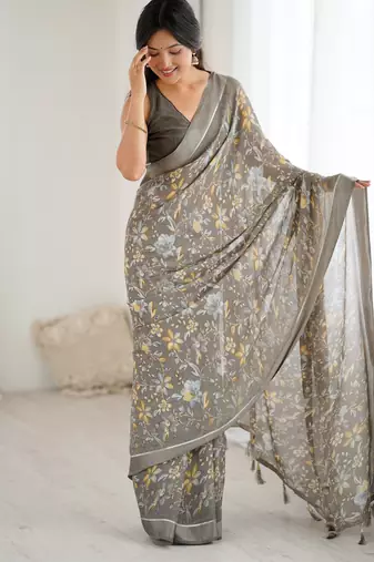 grey color moss satin patta printed ethnic partywear saree