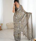 grey color moss satin patta printed ethnic partywear saree