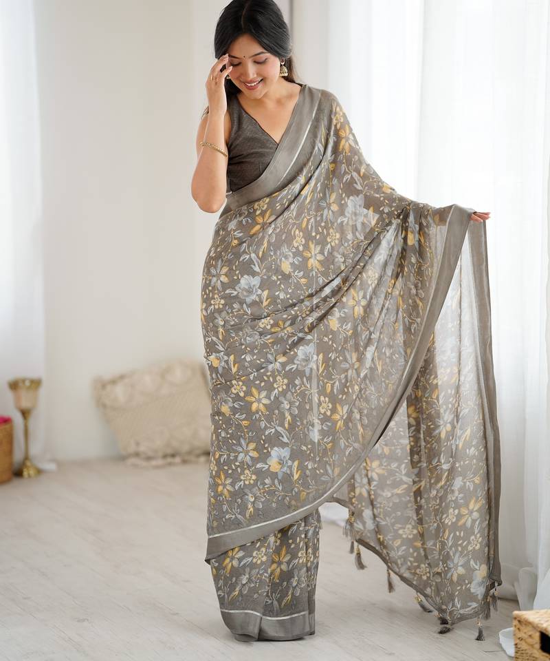 grey color moss satin patta printed ethnic partywear saree