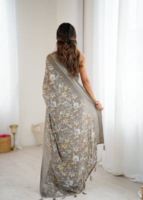 grey moss satin patta printed ethnic partywear saree 3