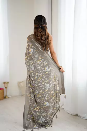 grey moss satin patta printed ethnic partywear saree