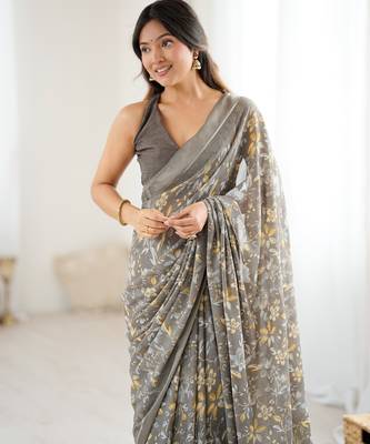 grey moss satin patta printed ethnic partywear saree 4