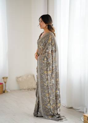 grey moss satin patta printed ethnic partywear saree 5