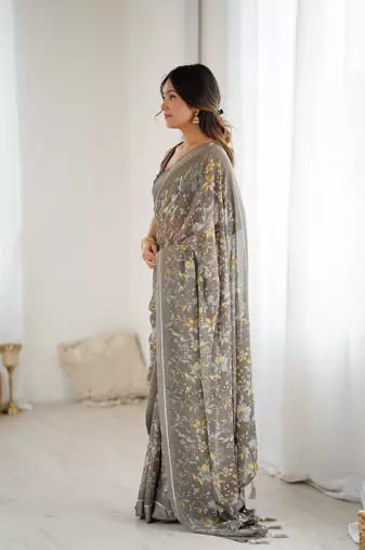 grey moss satin patta printed ethnic partywear saree